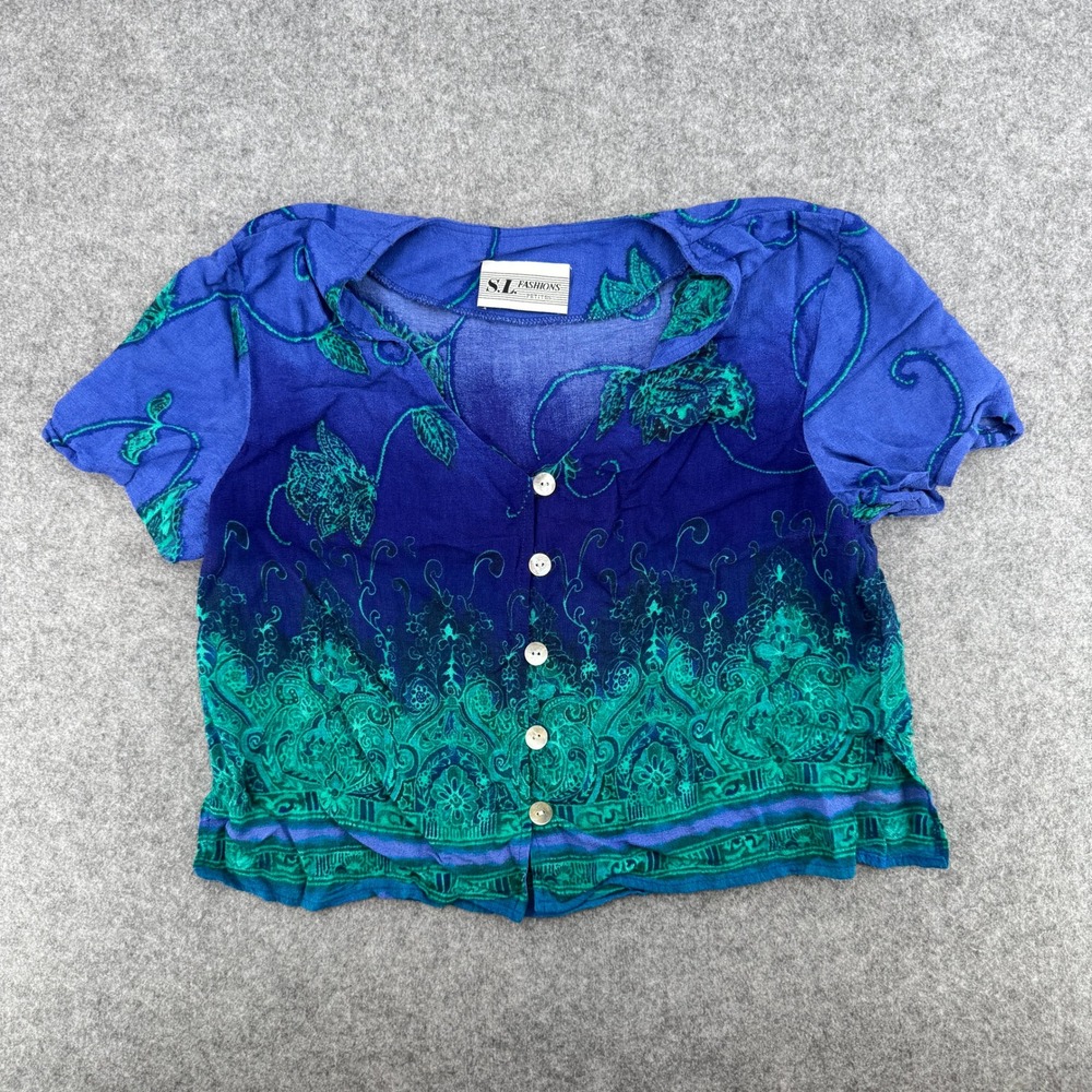 Vintage Blue Green Paisley Ombre Button Down S.L. Fashions Top Womens Petite